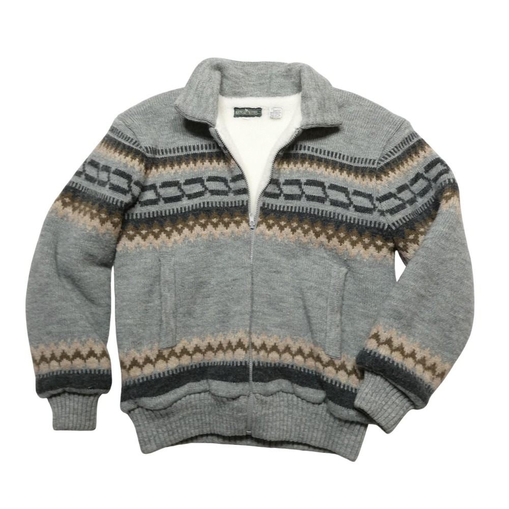 Boundary Waters Sweater Jacket Mens M Gray Fair Isle Full Zip Sherpa Lined Knit
